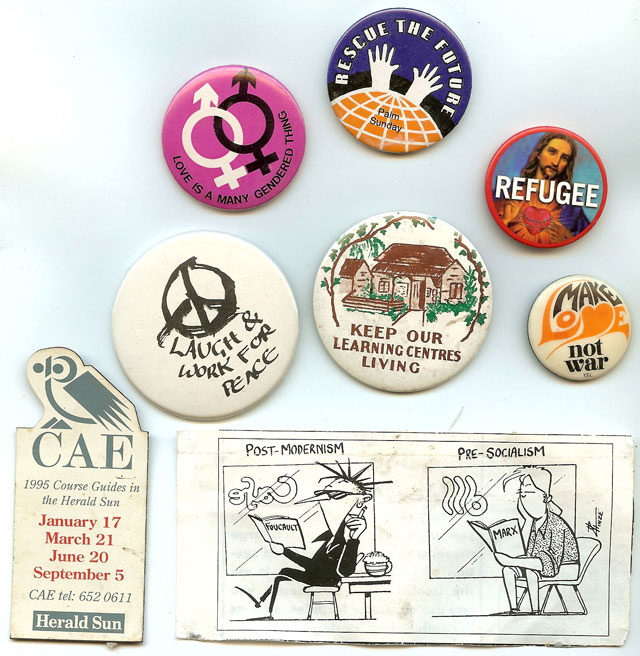 Her badges and cartoon